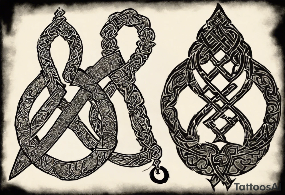 On the left peck I want the Hindu symbol Kirtimukha and then one of its fangs goes in a curvy way down my left shoulder to the inside of my bicep. The inside of the bicep has a dagger and the handle of the dagger is the Buddhist symbol "Endless Knot". The "Endless Knot" and the Kirtimukha are connected by Kirtimukhas fang tattoo idea