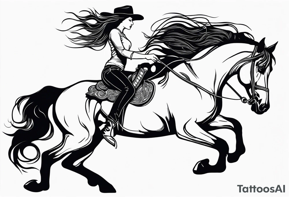 cowgirl with long hair on the back of stallion that is rearing up on hind legs trying to buck her off tattoo idea