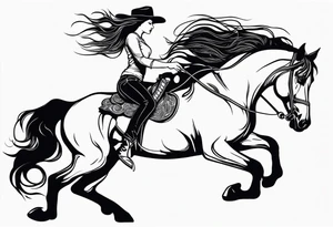 cowgirl with long hair on the back of stallion that is rearing up on hind legs trying to buck her off tattoo idea