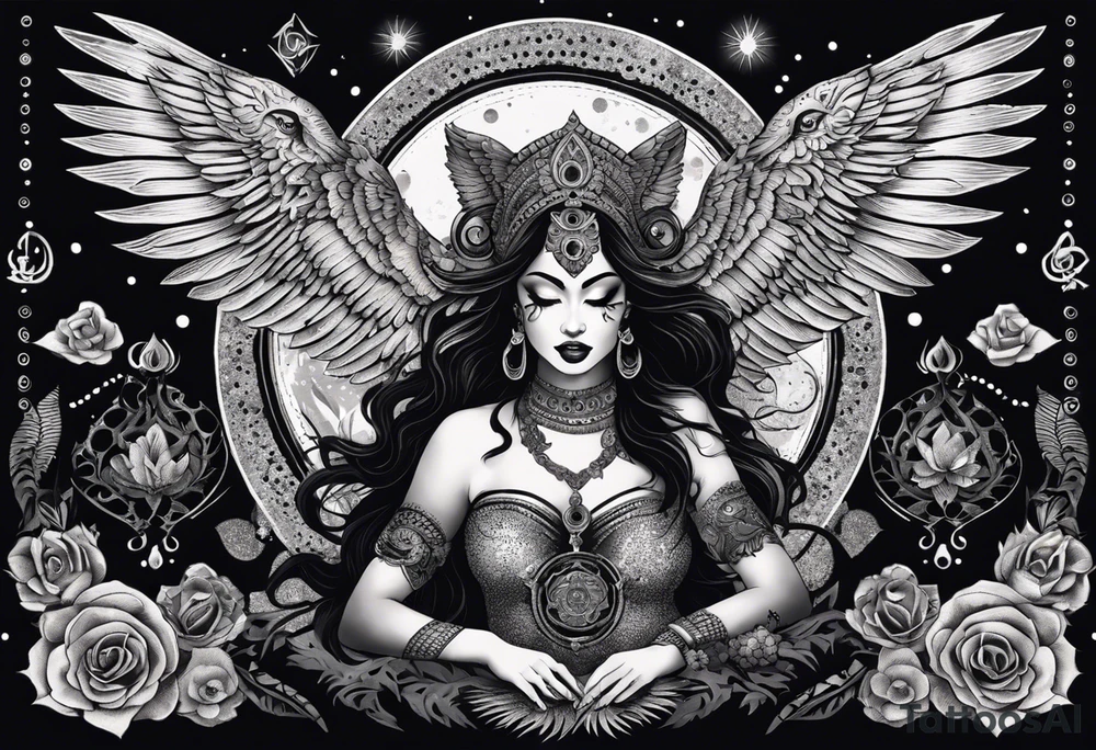 black kali, goddess pirate, alien, angel, pachamama, valkrye, warrior, flying, skull, lotus azul, wing, eagle, zenza resonance, stars, 5D, anahata chakra, death, durga, riding on a tiger, flying lady, kundalini, chest tatoo, samuri, rebel,s erpent tattoo idea