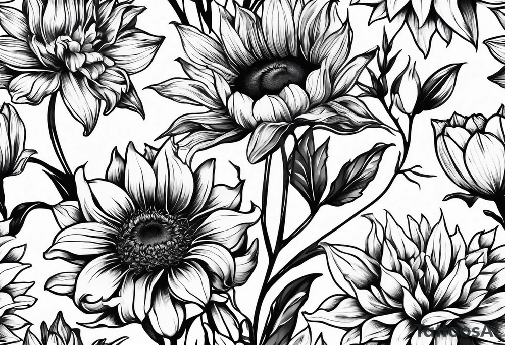 Floral design One each of sunflower, lily, peony, cherry blossom and tulip tattoo idea