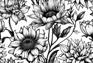 Floral design One each of sunflower, lily, peony, cherry blossom and tulip tattoo idea