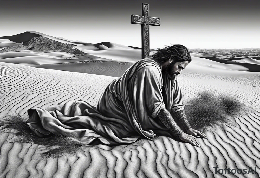 man crawling in a desert reaching to the cross of Christ tattoo idea