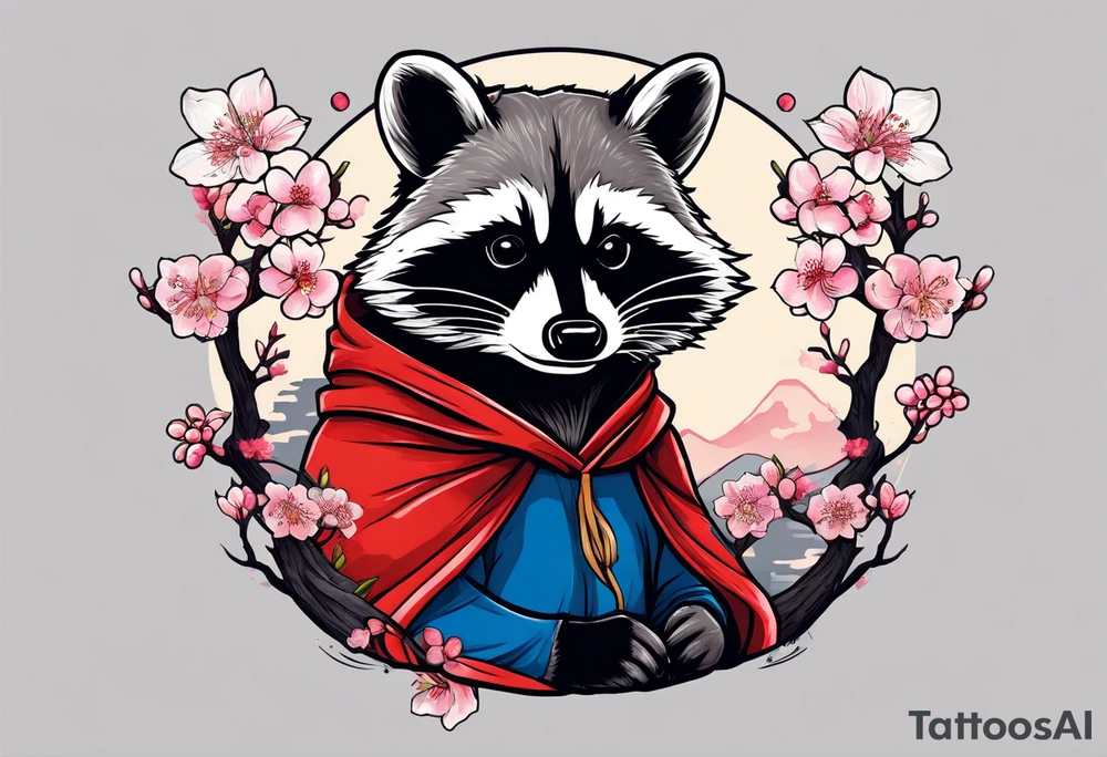 Raccoon wearing a Superman hoodie and Japanese cherry blossoms tattoo idea