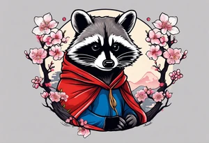 Raccoon wearing a Superman hoodie and Japanese cherry blossoms tattoo idea