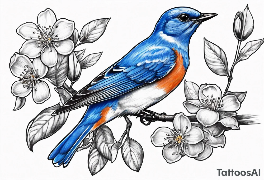 bluebird in flight with an orange blossom branch in its mouth tattoo idea
