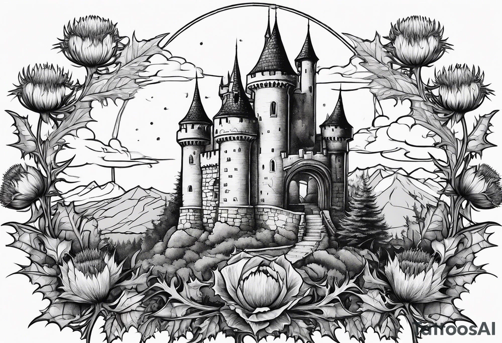 Thistles growing around a castle turret tattoo idea