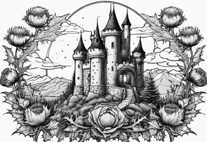 Thistles growing around a castle turret tattoo idea