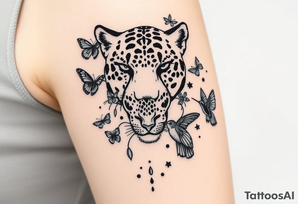 head of 3 jaguars (1 mother and 2 cubs) surrounded by butterflies and hummingbirds in new old school style tattoo idea