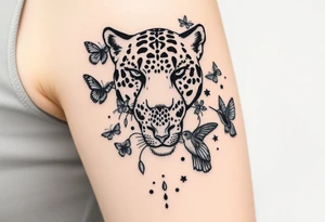 head of 3 jaguars (1 mother and 2 cubs) surrounded by butterflies and hummingbirds in new old school style tattoo idea