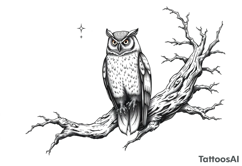 wise owl perched on ancient oak branch under starlit sky tattoo idea