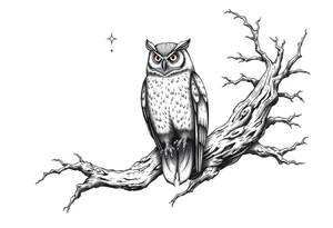wise owl perched on ancient oak branch under starlit sky tattoo idea