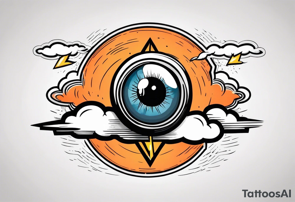 American traditional simple eyeball in dark stormy clouds with orange lightning coming from the clouds tattoo idea