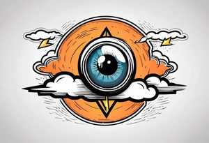 American traditional simple eyeball in dark stormy clouds with orange lightning coming from the clouds tattoo idea