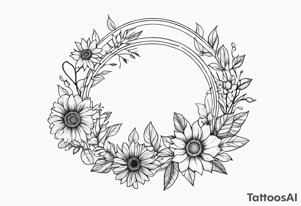 A floral wreath around a brilliant sun tattoo idea