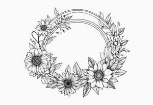 A floral wreath around a brilliant sun tattoo idea