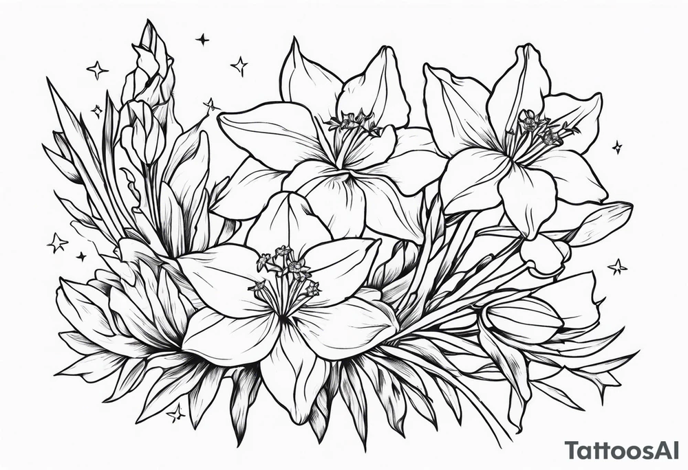 Larkspur, narcissus and stars tattoo idea