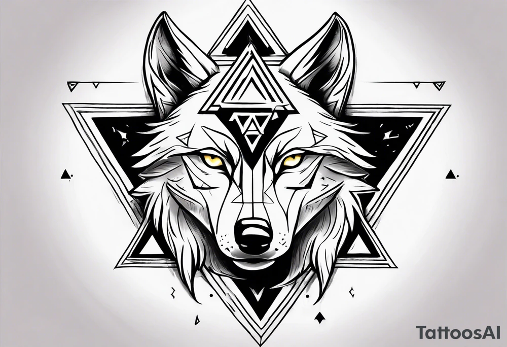 wolf head with triforce on forehead and a triangle in the background tattoo idea