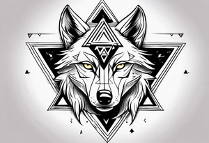 wolf head with triforce on forehead and a triangle in the background tattoo idea