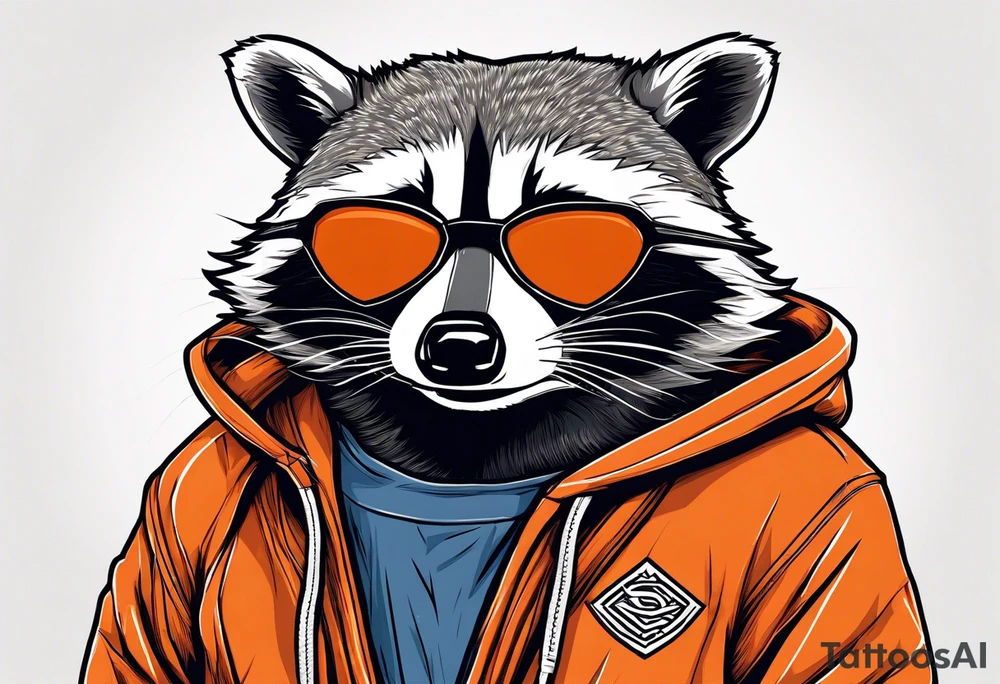 Raccoon wearing an orange Superman hoodie tattoo idea