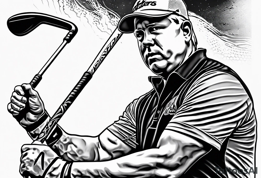 Golfer John Daly wearing the Infinity Gauntlet on one hand and holding a putter on the other hand on the 18th hole of the Masters. tattoo idea