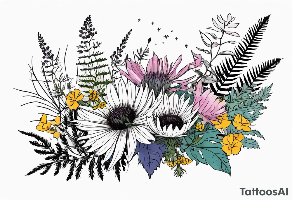 spread out mixed wildflower bouquet with ferns, thistle and with color tattoo idea