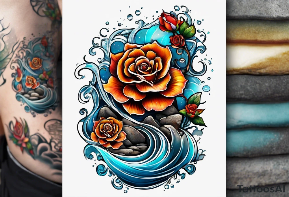 Left thigh tattoo with an octopus in water swirls wrapping around rocks, a rose, in fall colors tattoo idea