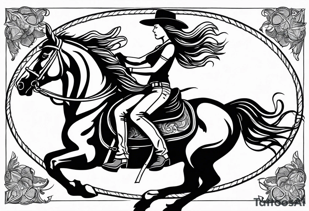 cowgirl with long hair on the back of galloping stallion. She is holding her cowboy hat on her head with one hand and the reins with the other hand tattoo idea