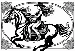 cowgirl with long hair on the back of galloping stallion. She is holding her cowboy hat on her head with one hand and the reins with the other hand tattoo idea