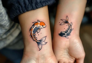 One wears a koi fish swimming upstream in orange and white, the other a koi swimming downstream in black and gold, together forming yin and yang balance. tattoo idea