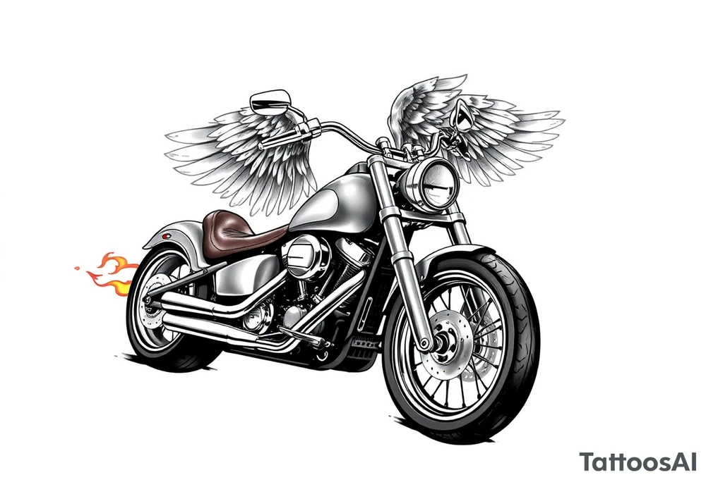 Low rider grey motorcycle, big muffler pipes with flames, angel wings, driving away, no person tattoo idea