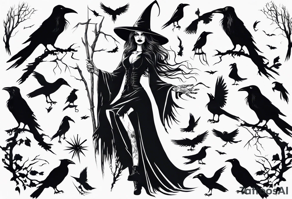 a witch with crows in black and white tattoo idea