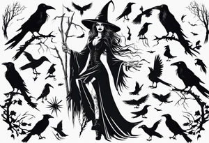 a witch with crows in black and white tattoo idea