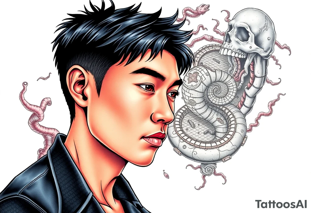 Handsome Asian young guy lost in a cursed labyrinth tattoo idea