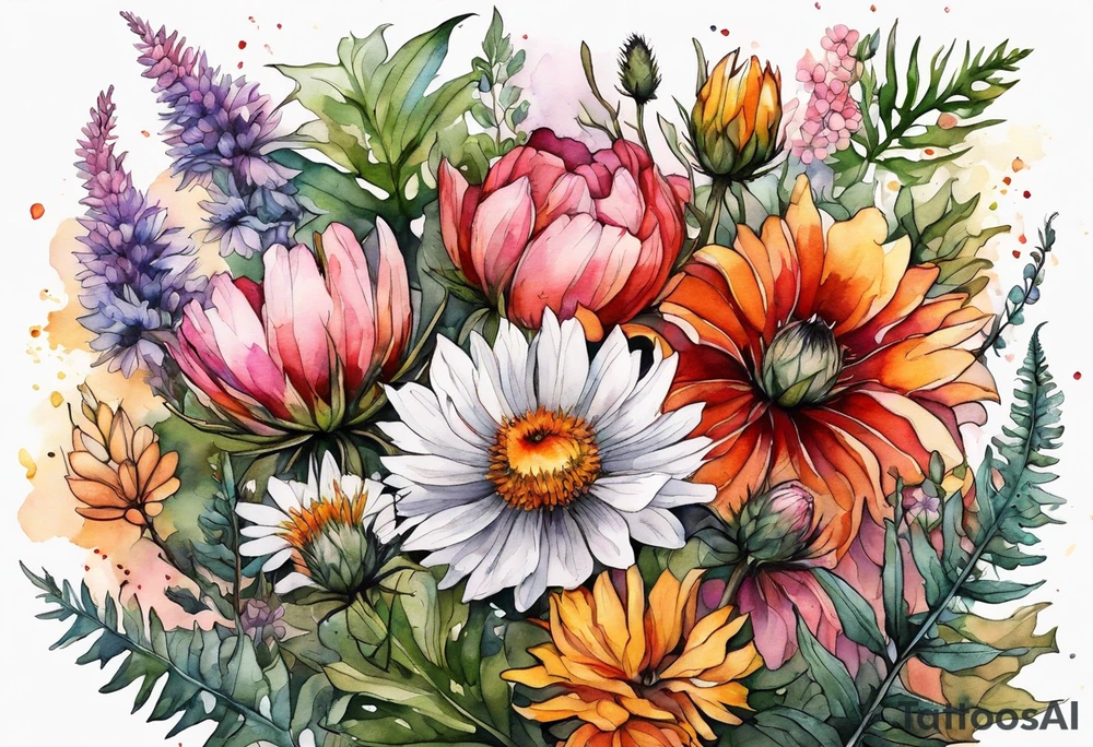 wildflowers with thistles, ferns, white flowers, pink flowers, burnt orange flowers, red flowers and yellow flowers all in watercolor tattoo idea