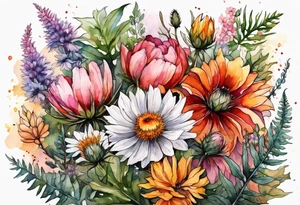 wildflowers with thistles, ferns, white flowers, pink flowers, burnt orange flowers, red flowers and yellow flowers all in watercolor tattoo idea