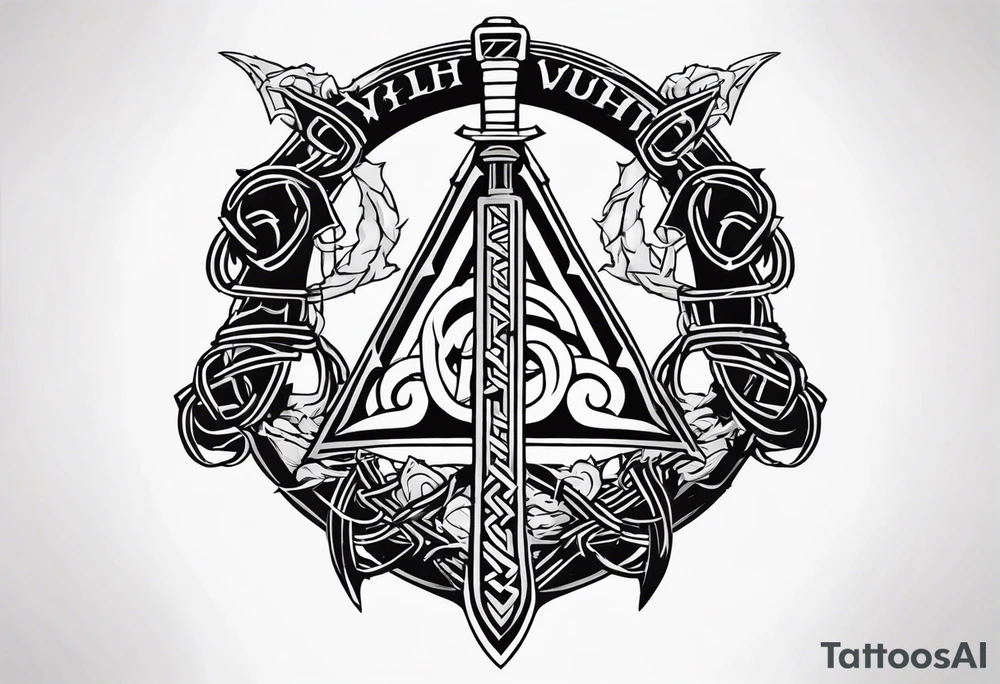 Valhalla sword shield dragon axe Valknut barbed wire chains tattoo idea Valhalla sword shield dragon axe Valknut barbed wire chains tattoo idea