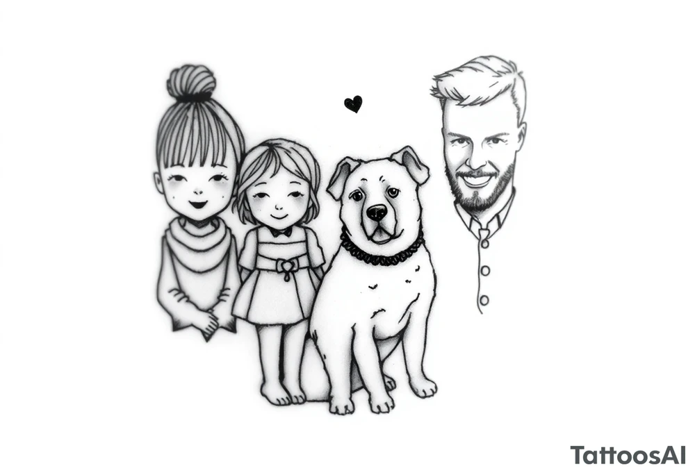 A tattoo that symbolizes three children, a dog and a husband using dainty symbols and a fine line tattoo tattoo idea