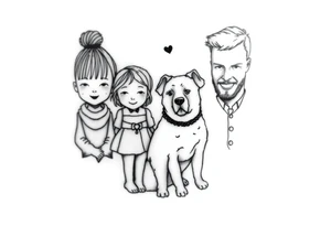 A tattoo that symbolizes three children, a dog and a husband using dainty symbols and a fine line tattoo tattoo idea