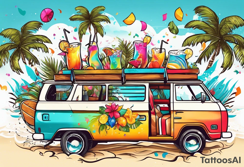 SURFING SAFARI BEACH DANCE 
PARTY WITH CONFETTI AND MUSIC NOTES, TROPICAL DRINKS, SEXY BIKINIS tattoo idea