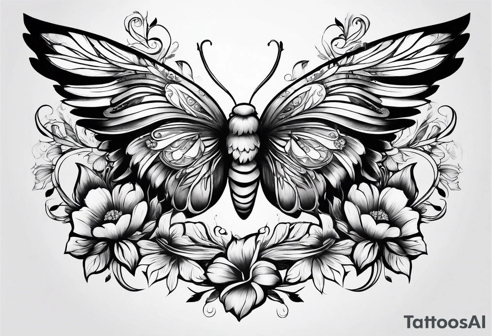 Flower tattoo with wings for full stomach area tattoo idea