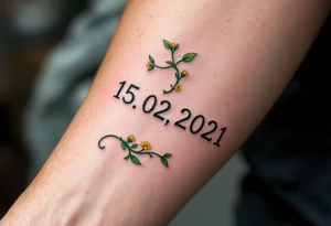 Luky 15. 02. 2021 – Deep emerald green vine twisting around Lucas's birthdate, with small yellow blooms dotting the numbers. tattoo idea