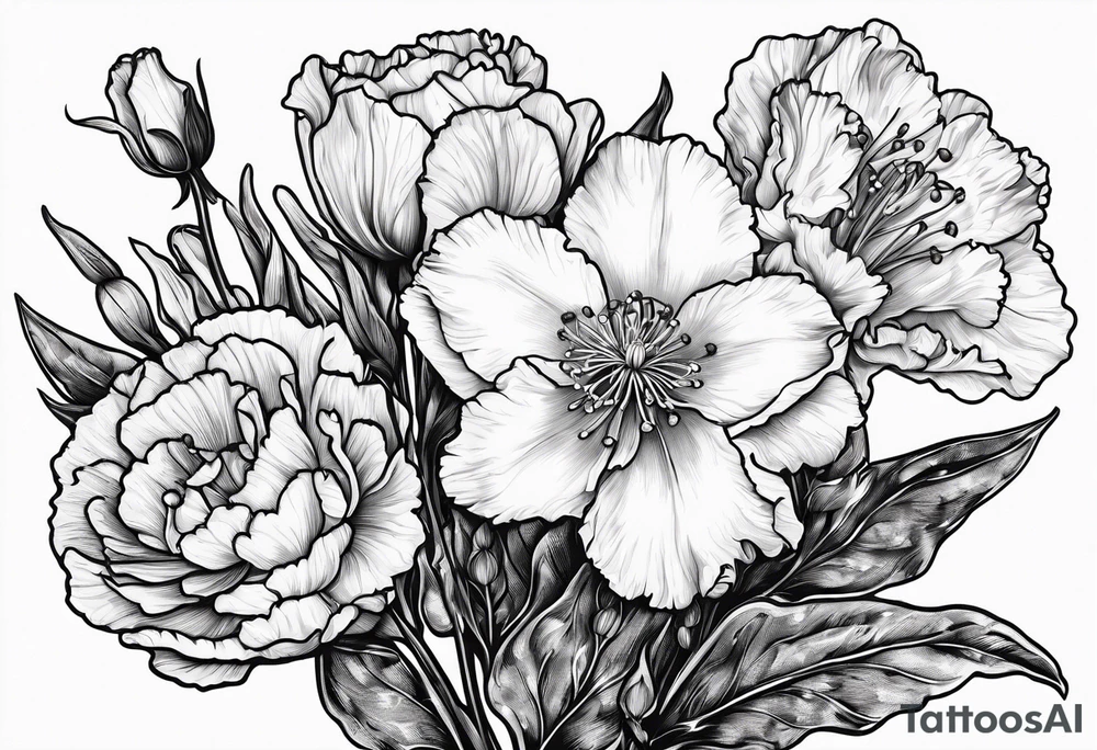 Two carnations, Two daffodils, One snowdrop, One hawthorn flower, Two honeysuckle blooms, tattoo idea