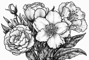 Two carnations, Two daffodils, One snowdrop, One hawthorn flower, Two honeysuckle blooms, tattoo idea
