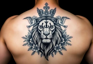 powerful majestic lion with a crown, surrounded by floral ornaments and birds tattoo idea
