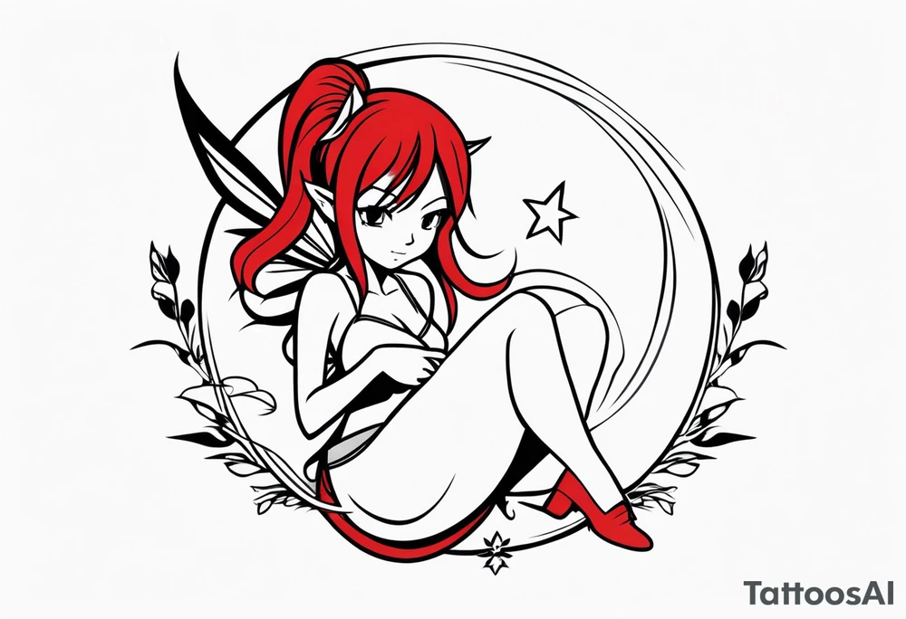A fairy with a tail inspired by the logo of the show called Fairy Tail in a fetal position leaning in tattoo idea