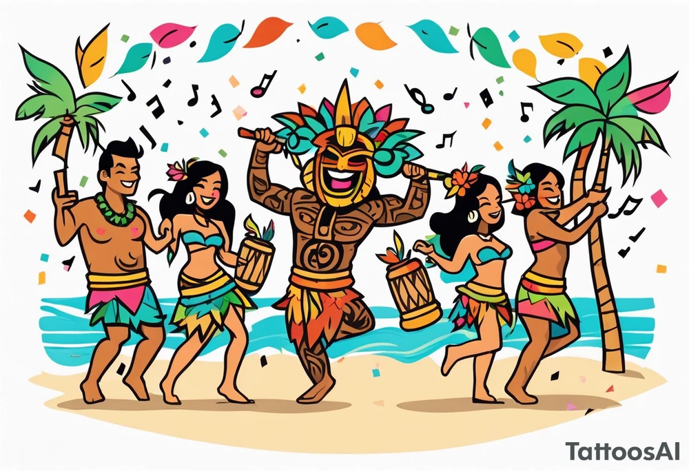 hulu tiki party with dancing tiki guys and sexy tiki girls on a beach with music notes and confetti around a blank space in the middle tattoo idea