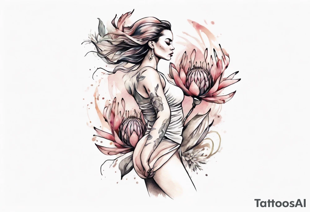 Very feminine tattoo with a woman dancing in a wind of protea flowers tattoo idea