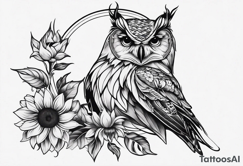 Owl with butterfly and sunflower tattoo idea