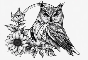 Owl with butterfly and sunflower tattoo idea